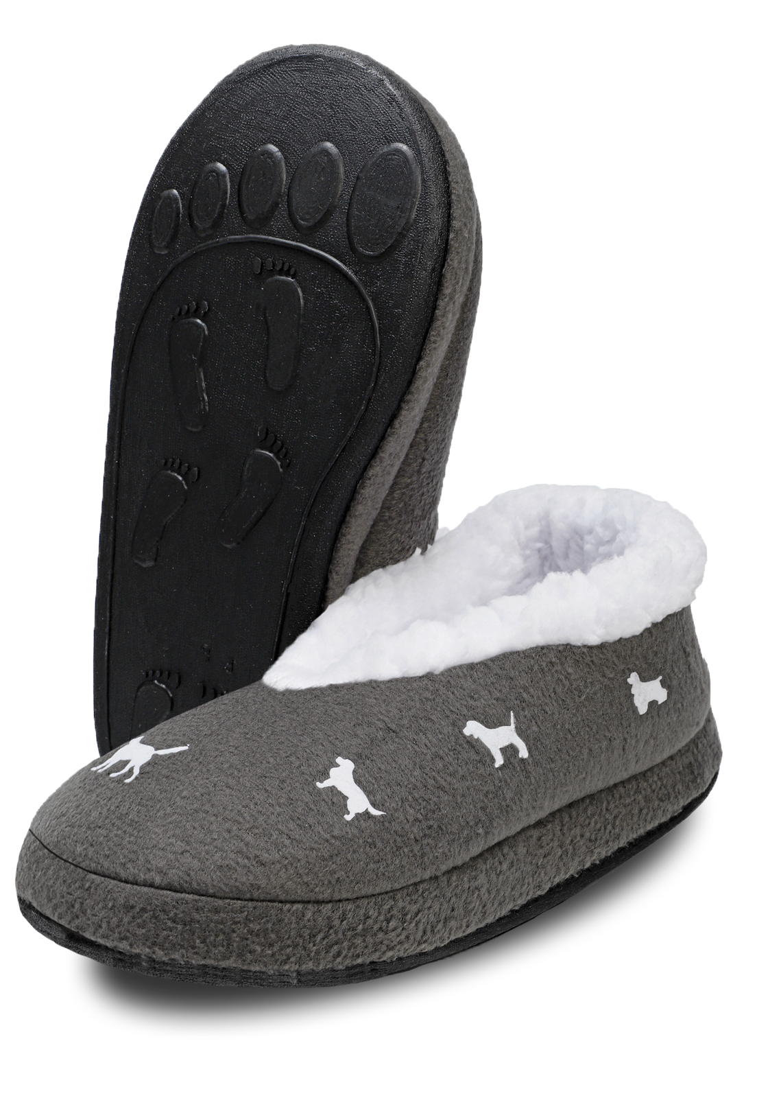 Vissta frontal de pantuflas cerradas gris de perritos blancos