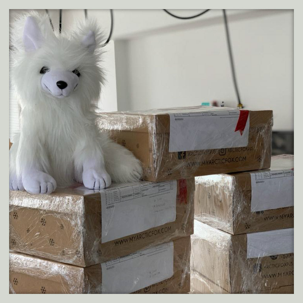 Nukappi nuestro peluche #arcticlover sobre cajas empacadas de navidad con moño rojo de Arctic Fox Colombia