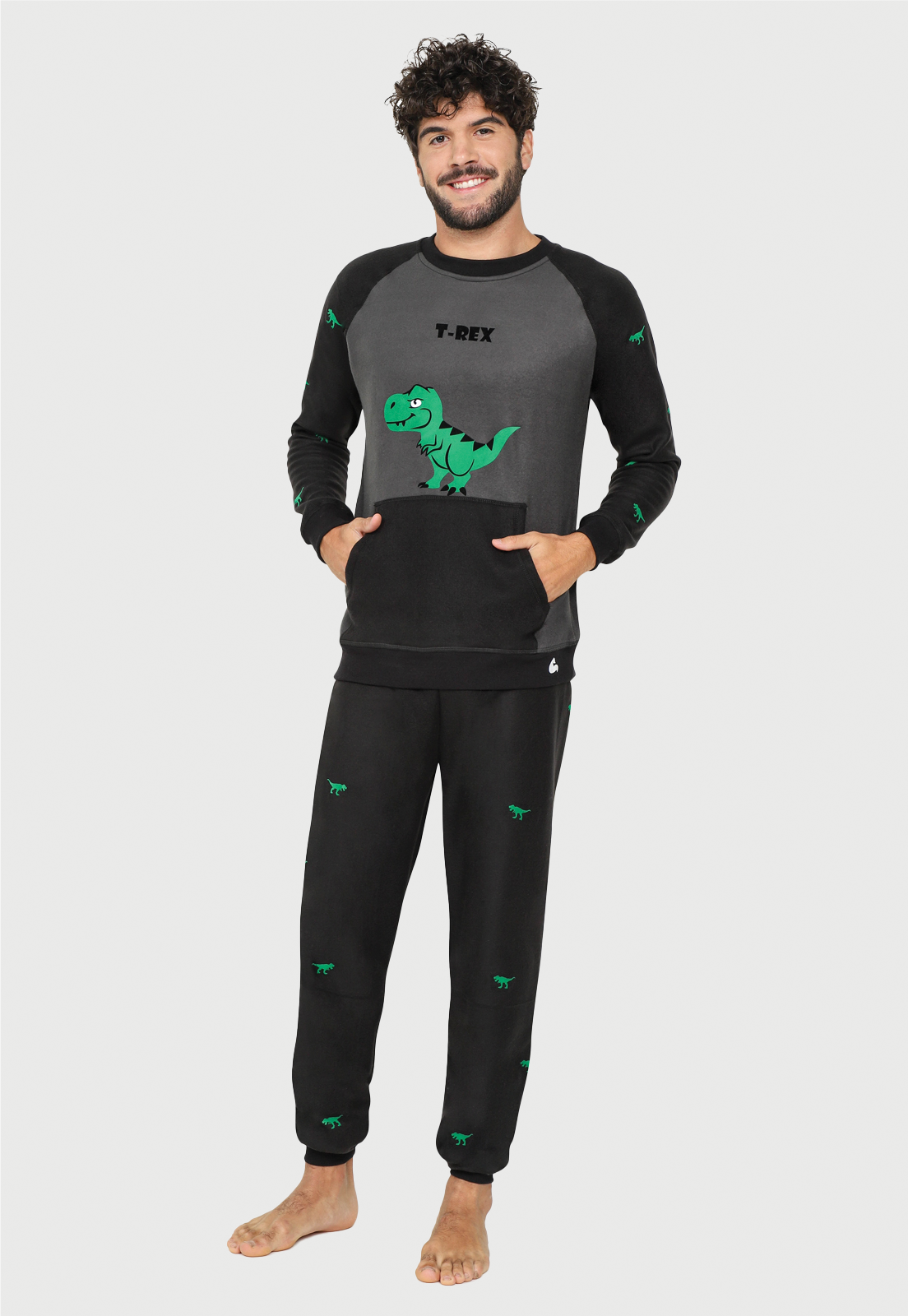 Pijama termica Hombre Negra | Dinosaurio T- Rex | Fleece |