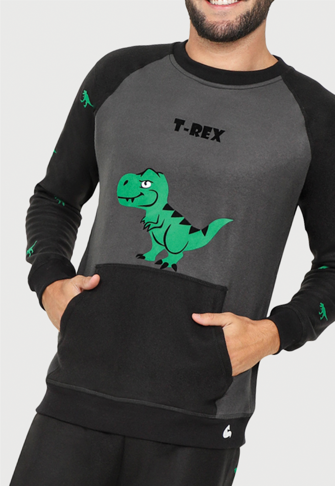 Pijama termica Hombre Negra | Dinosaurio T- Rex | Fleece |