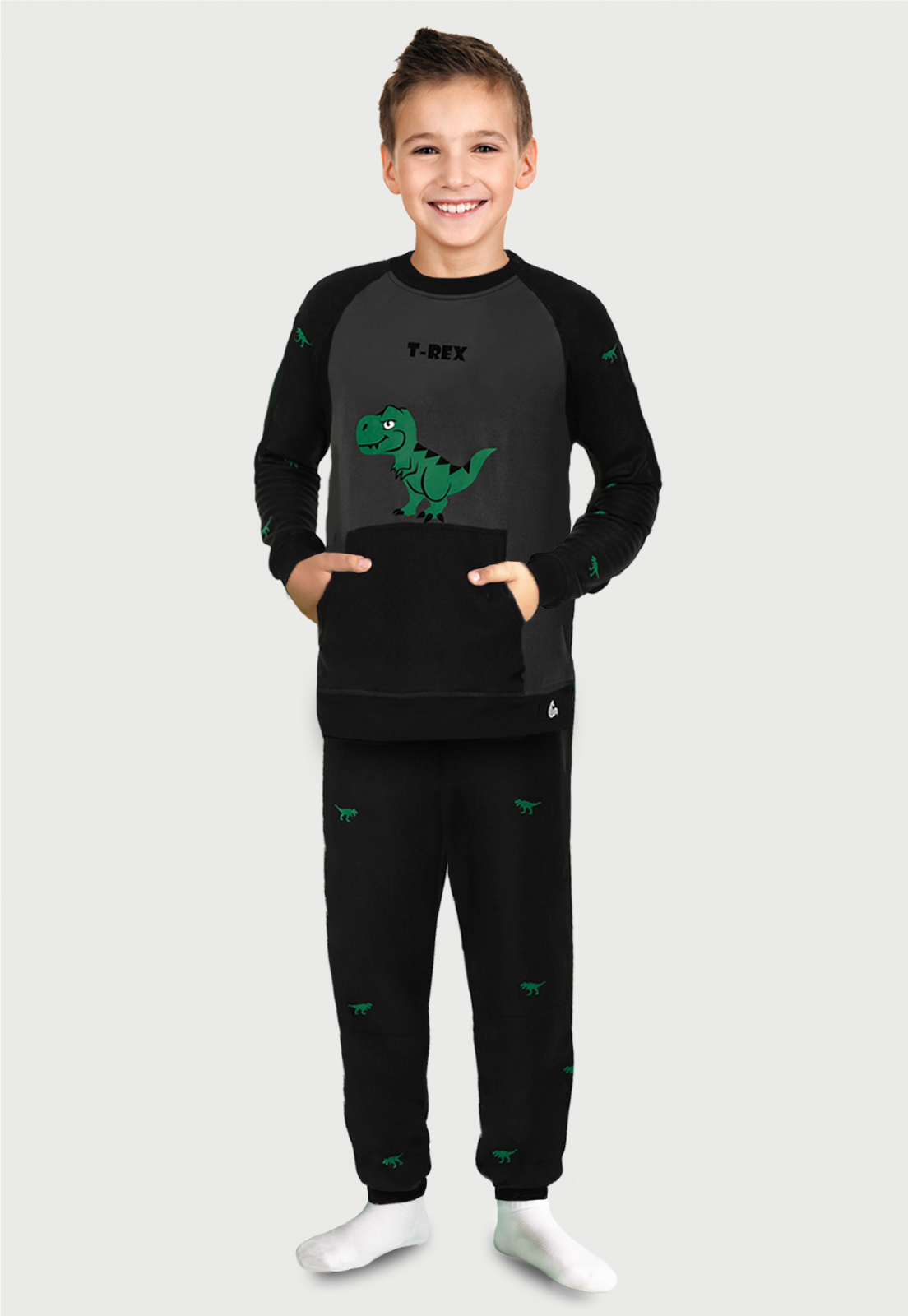 Pijama para Niños Negra gris | Tiranosaurio Rex | En Fleece