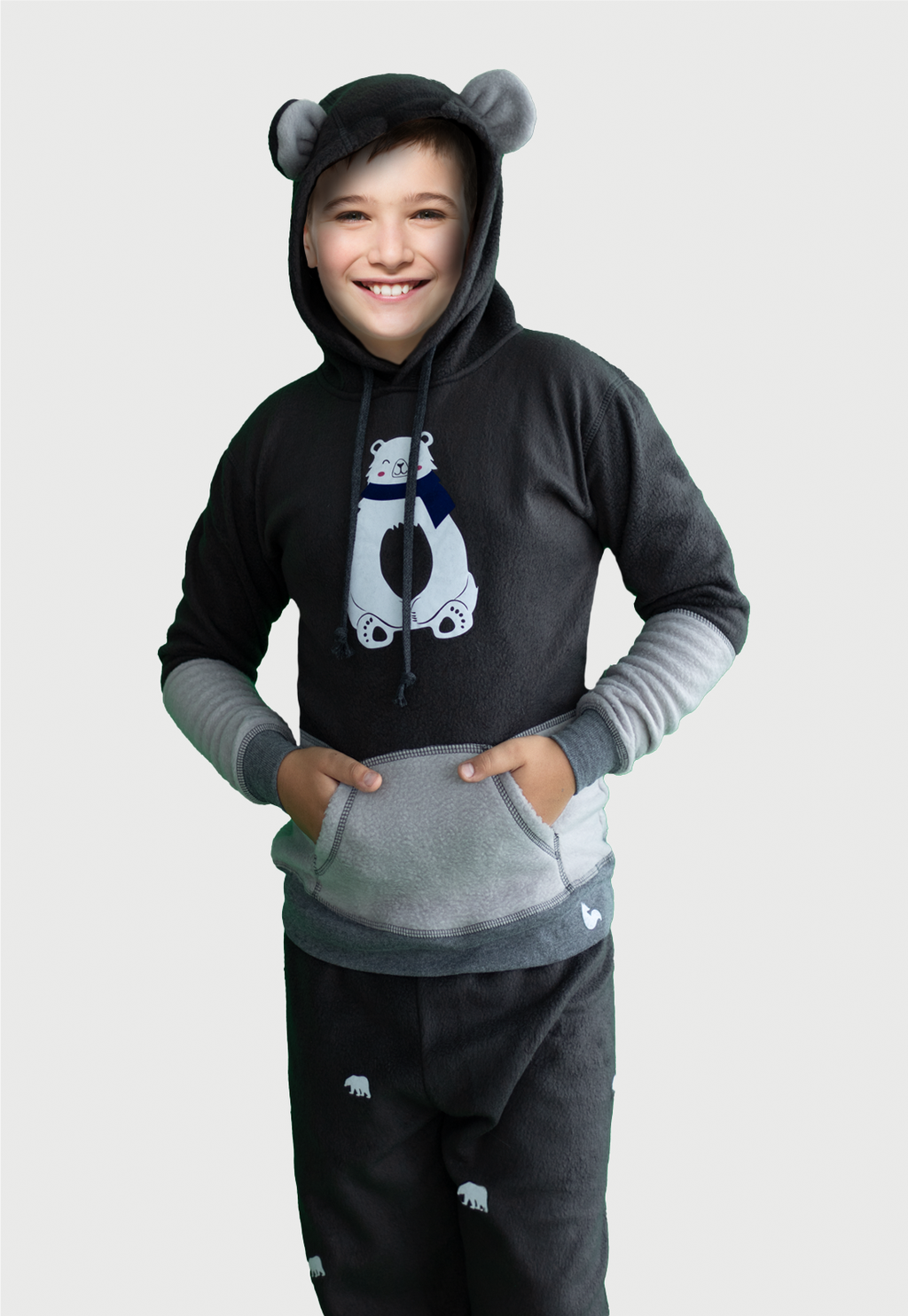 Pijama para Niños Gris | Oso Polar Bufanda Azul | En Fleece